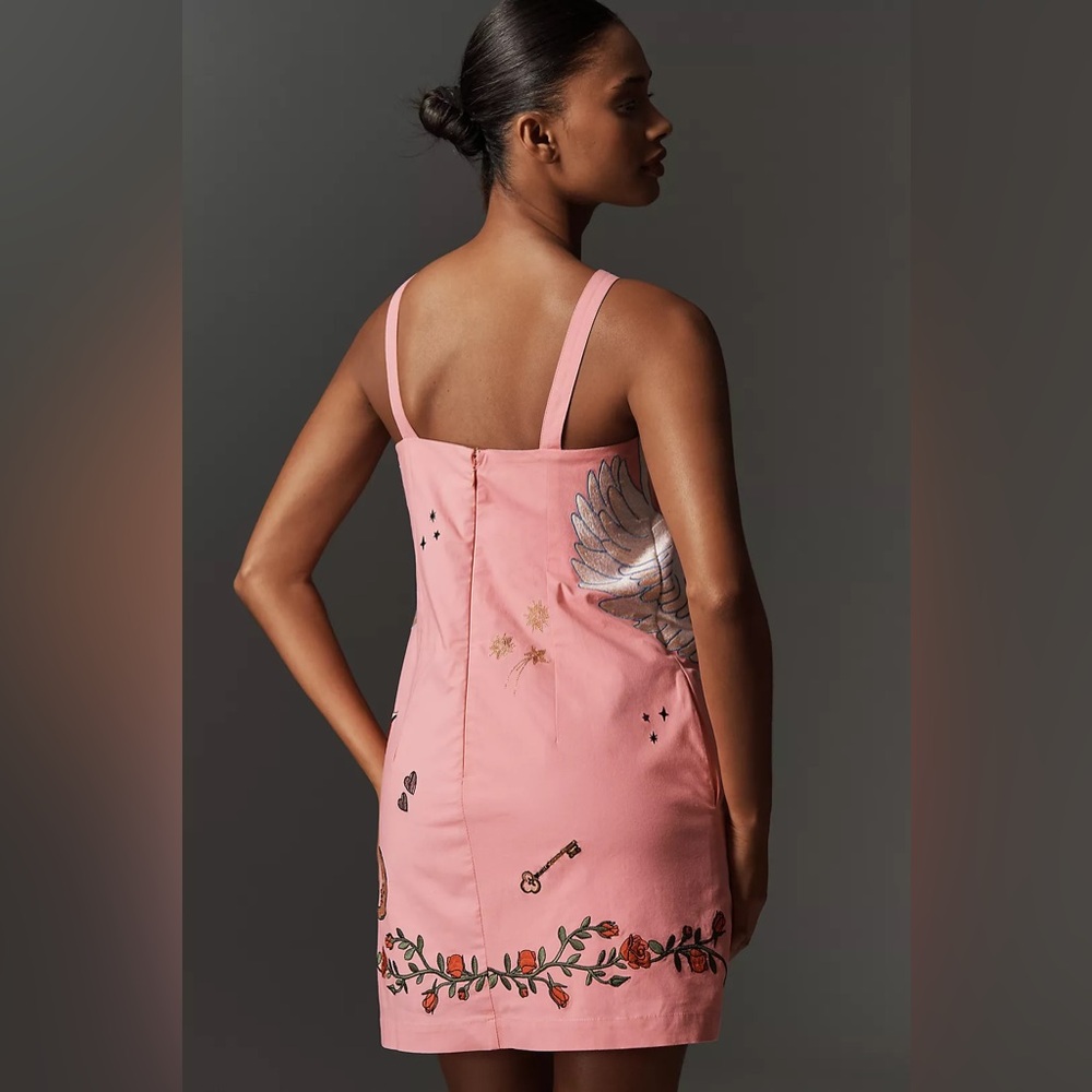 New Anthropologie Maeve pink swan embroidered mini shift dress - Picture 4 of 11